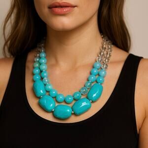Lydell NYC Turquoise Bead Statement Necklace Crystal Faceted Beads Silver Tone